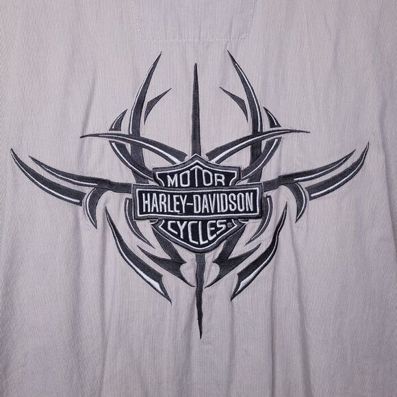 Harley Davidson Shirt Mens Large Gray Pinstripe Embroidered Y2K Button Down - Picture 2 of 12